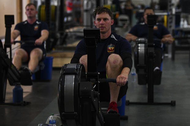 Marines compete in a rowing competition.