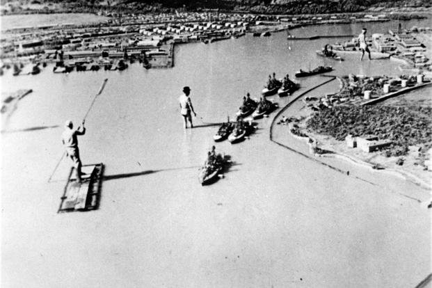 Japanese model of Pearl Harbor, showing ships located as they were during the 7 December 1941 attack. This model was constructed after the attack for use in making a motion picture.