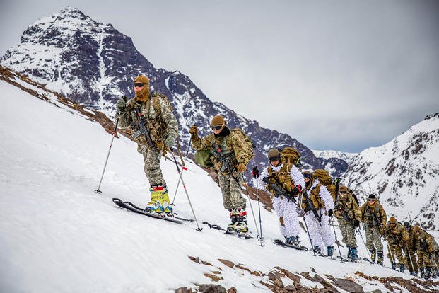U.S. and Chilean soldiers cross-country ski at the Chilean Army Mountain School in Portillo, Chile, Aug. 27, 2021. Soldiers learned the basics of cold weather mountain warfare as part of Exercise Southern Vanguard.