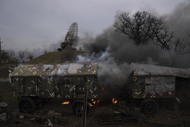 Damaged Ukrainian military facility in the aftermath of Russian shelling.
