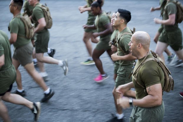 Marines call cadence during the 34th annual Great Aloha Run in Hawaii.
