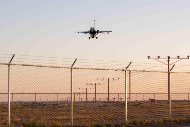 An F-16 Fighting Falcon prepares to land