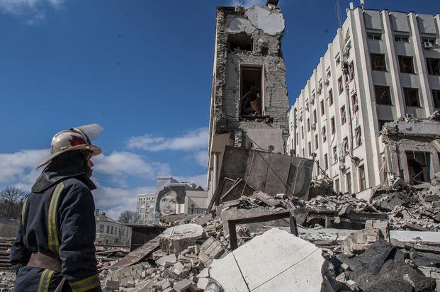 National Academy of State Administration building damaged by shelling in Kharkiv, Ukraine