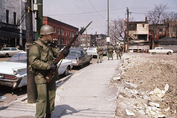 National Guardsman patrol Chicago during martial law in 1968