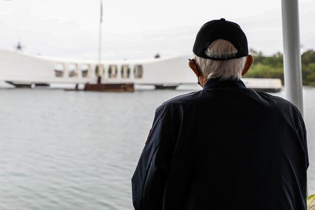 A U.S. veteran observes the USS Arizona Memorial at Pearl Harbor.