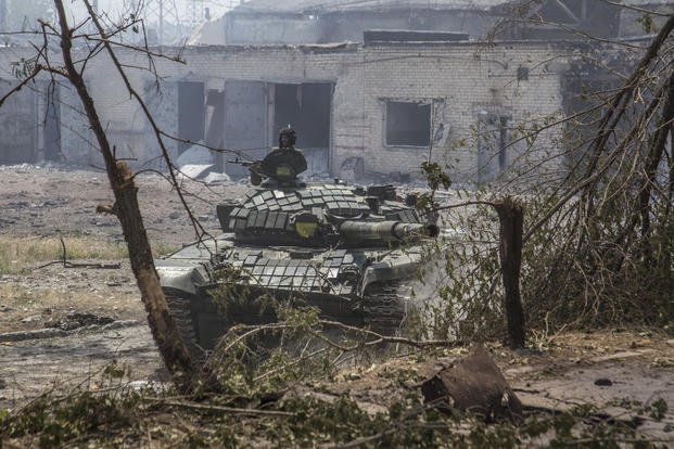 A Ukrainian tank on the front line in Severodonetsk.
