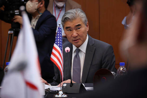 Sung Kim, U.S. Special Envoy for North Korea, speaks during a meeting