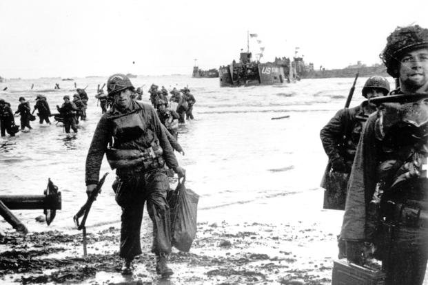 American assault troops move onto a beachhead code-named Omaha Beach on D-Day.