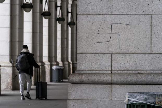 hand-drawn swastika is seen on the front of Union Station near the Capitol in Washington