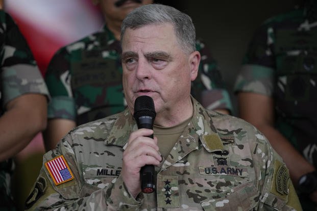 U.S. Chairman of the Joint Chiefs of Staff Gen. Mark Milley talks to the media