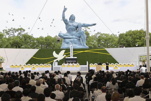 Peace Statue during a ceremony to mark the 77th anniversary of the U.S. atomic bombing in Nagasaki
