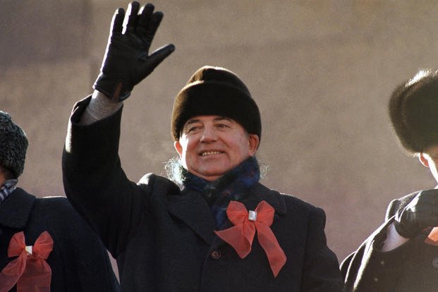 Soviet leader Mikhail Gorbachev waves.