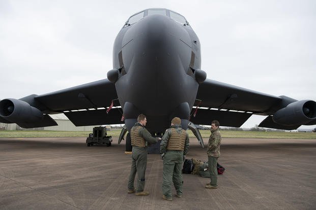 A U.S. Air Force B-52H Stratofortress pilot conducts a pre-flight inspection at RAF Fairford, England.