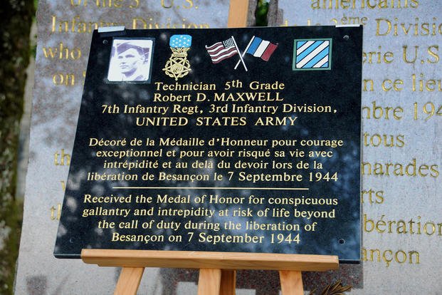 A plaque honoring the oldest living Medal of Honor recipient, Robert D. Maxwell, was unveiled during a ceremony at Besancon, France.