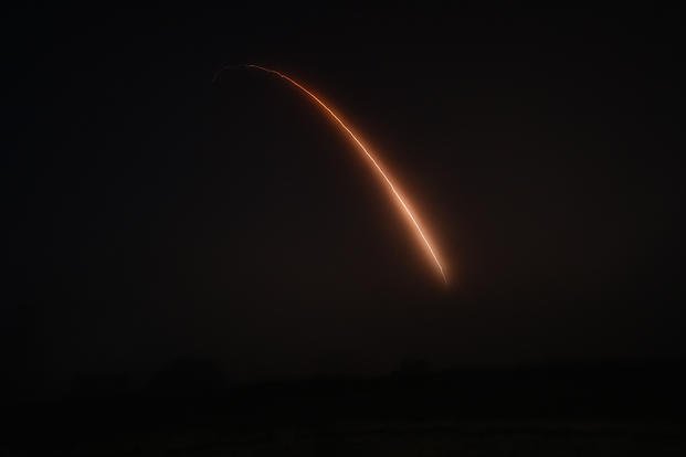 An Air Force Global Strike Command unarmed Minuteman III intercontinental ballistic missile launches during an operational test at 12:49 a.m. PDT on Tuesday, Aug. 16, 2022, at Vandenberg Space Force Base, California.