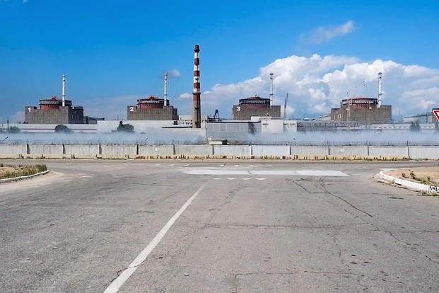 In this handout photo taken from video and released by the Russian Defense Ministry Press Service on Sunday, Aug. 7, 2022, a general view of the Zaporizhzhia Nuclear Power Station in territory under Russian military control, southeastern Ukraine. (Russian Defense Ministry Press Service via AP)