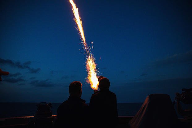 U.S. Navy sailors assigned to the Arleigh Burke-class guided-missile destroyer USS Paul Ignatius (DDG 117) fire pencil flares during training, Sept. 25, 2022. (Mass Communication Specialist 2nd Class Aaron Lau/U.S. Navy photo) U.S. Navy sailors assigned to the Arleigh Burke-class guided-missile destroyer USS Paul Ignatius (DDG 117) fire pencil flares during training.