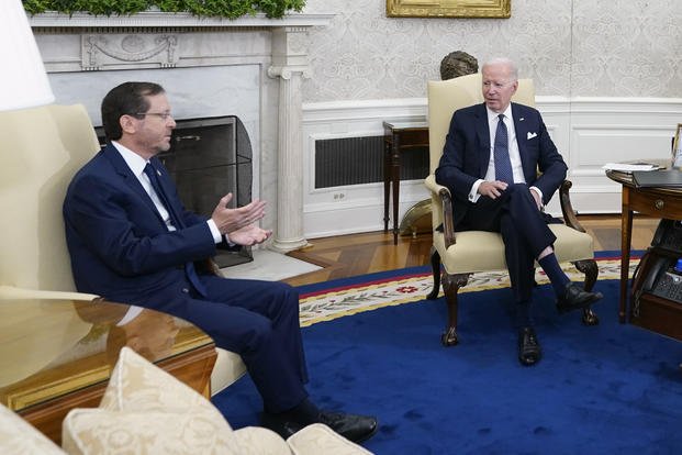 President Joe Biden and Israel's President Isaac Herzog, during a meeting in the Oval Office