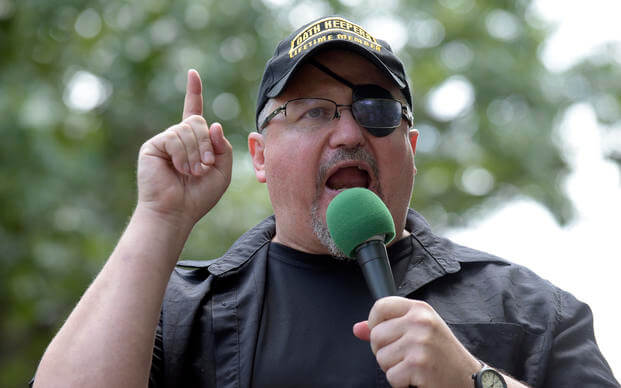 Stewart Rhodes, founder of the Oath Keepers, speaks during a rally outside the White House