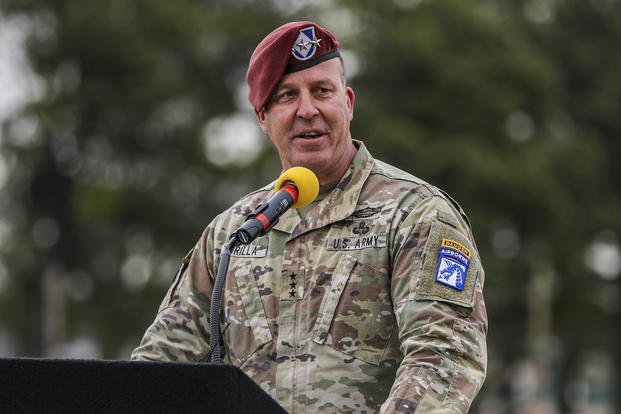 then-Lt. Gen. Michael "Erik" Kurilla, commander of the XVIII Airborne Corps, gives a speech