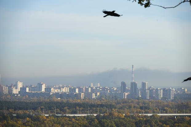 Smoke rises after Russian shelling in Kyiv, Ukraine