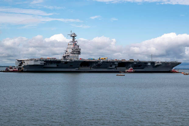 The aircraft carrier USS Gerald R. Ford (CVN 78) departed Naval Station Norfolk to make the transit to Newport News Shipyard in support of her Planned Incremental Availability (PIA), a six-month period of modernization, maintenance and repairs.