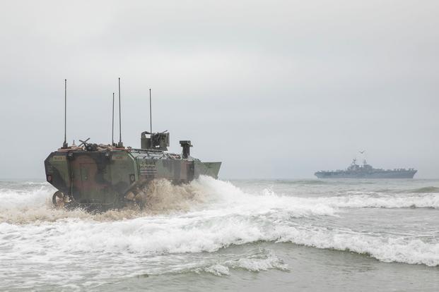 An amphibious combat vehicle (ACV) in the water near Camp Pendleton, California. 