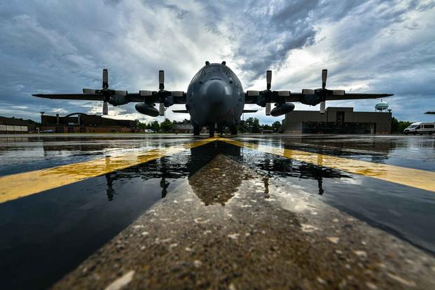 A C-130H Hercules aircraft sits on the flightline, July 22, 2020, at Youngstown Air Reserve Station.
