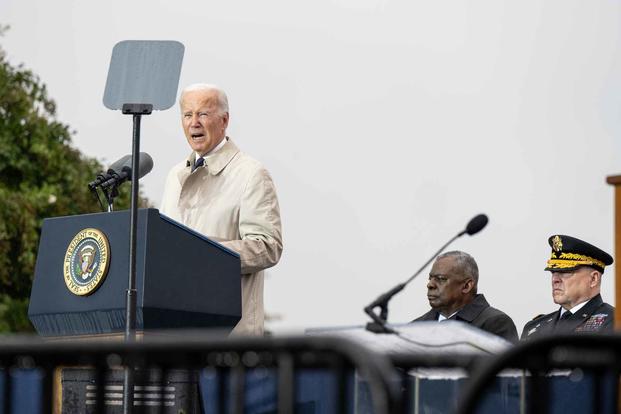 President Joe Biden speaks during the 9/11 Pentagon Observance Ceremony.