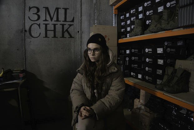 Co-founder Kseniia Drahaniuk of the nonprofit group Zemliachky pauses during an interview