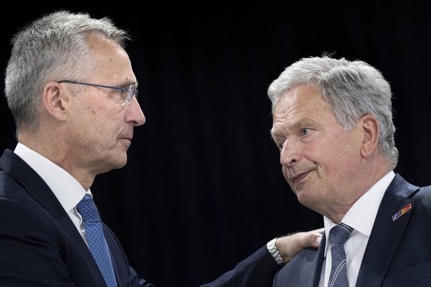 Finland's President Sauli Niinisto, left, and NATO Secretary General Jens Stoltenber