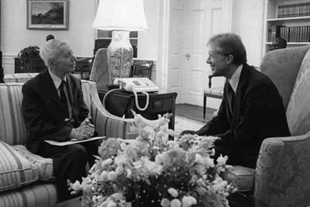 Adm. Hyman Rickover sits with President Jimmy Carter in the Oval Office. 