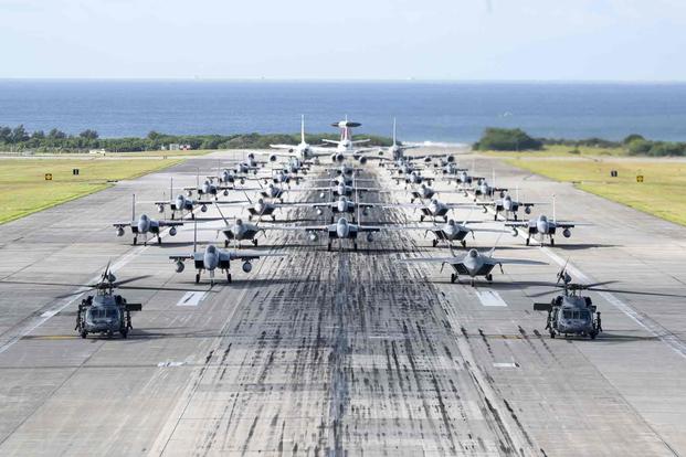 Aircraft line the runway at Kadena Air Base, Japan.