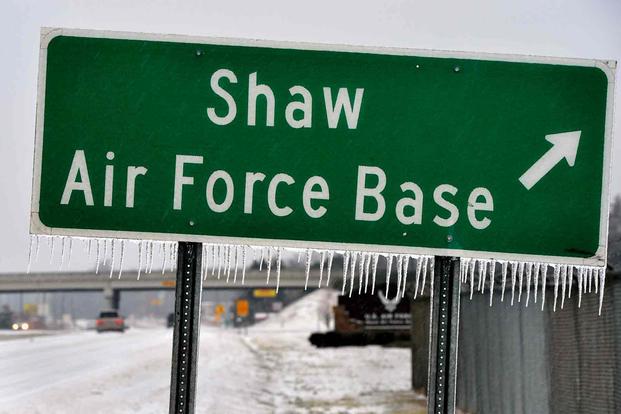 Icicles form on a Shaw Air Force Base roadway sign.