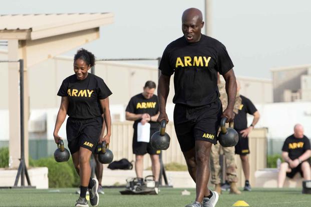 Sprint-drag-carry event during an Army Combat Fitness Test.