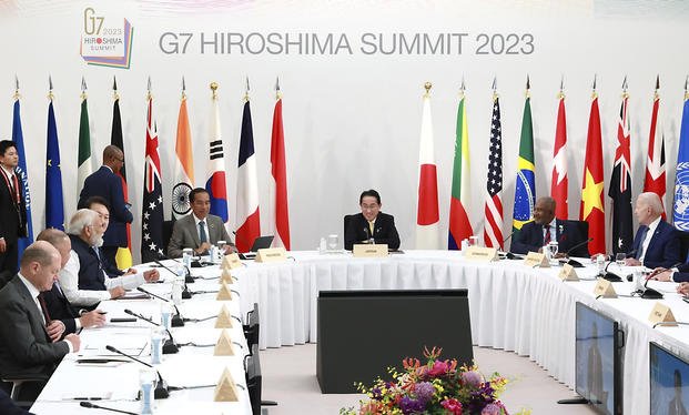 Leaders and delegates attend the G7 Outreach Session during the G7 Summit in Hiroshima, Japan.