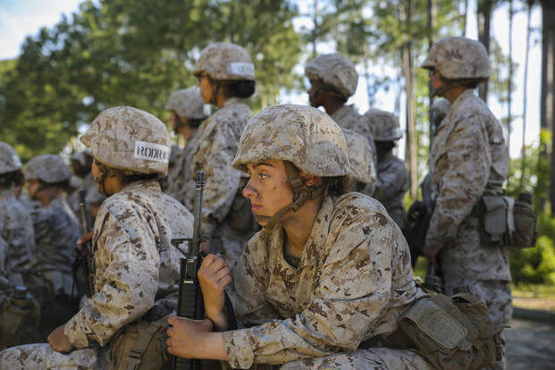 U.S. Marine Corps recruits prepare to do the Day Movement Course during Basic Warrior Training (BWT) on Parris Island, S.C.