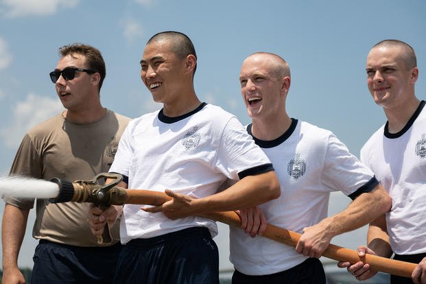 Plebes from the U.S. Naval Academy Class of 2025 complete damage control training during Plebe Summer in Annapolis, Maryland.