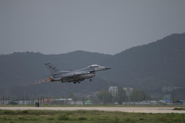 A U.S. Air Force F-16 Fighting Falcon assigned to the 8th Fighter Wing, Kunsan Air Base, Republic of Korea, takes off from the runway during Fiscal Year 2023 Korea Flying Training at Gwangju AB, ROK.