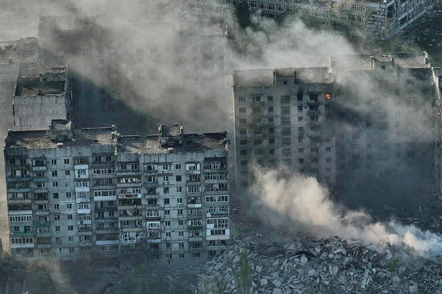Smoke rises from buildings in this aerial view of Bakhmut, in the Donetsk region, Ukraine, Wednesday