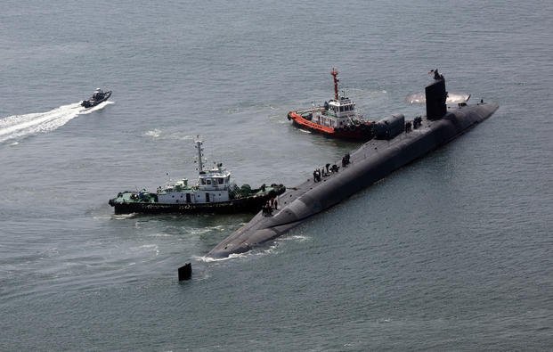 nuclear-powered submarine USS Michigan approaches a naval base in Busan, South Korea