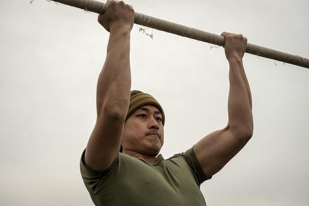 A Marine officer candidate completes his initial physical fitness test at Brown Field aboard Marine Corps Base Quantico, Va.