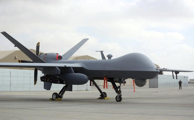 U.S. MQ-9 drone is on display during an air show at Kandahar Airfield, Afghanistan