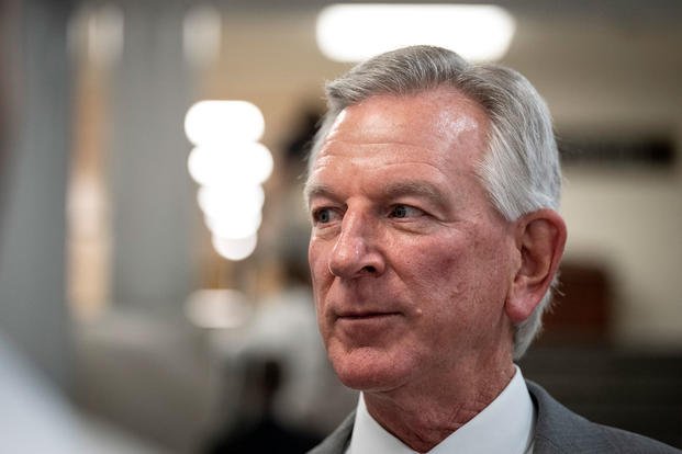 U.S. Sen. Tommy Tuberville (R- Alabama) speaks to reporters in the Senate subway