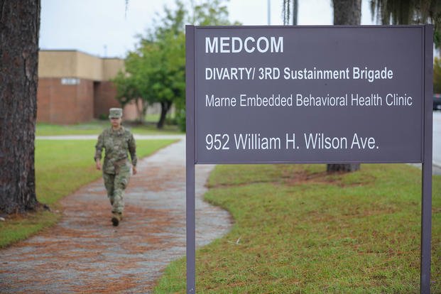 A U. S. Army soldier from 3rd Infantry Division exits Marne Embedded Behavioral Health Clinic on Fort Stewart, Georgia, Oct. 7, 2021, where service members can receive care to improve their mental health and wellness. 