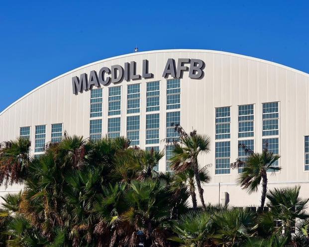 The morning sun shines on a hangar on MacDill Air Force Base, Fla on January 4, 2021. 