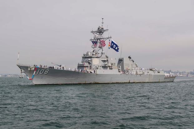 Arleigh Burke-class guided missile destroyer USS Wayne E. Meyer (DDG 108) returns to Naval Base San Diego after a regularly scheduled deployment.