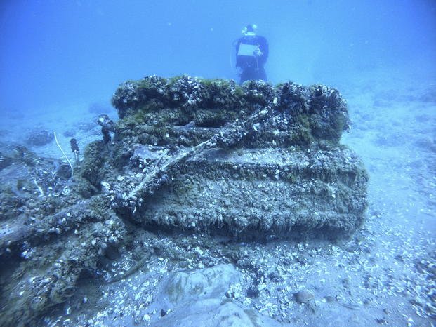 Quagga mussels cover the engine of a Bell P-39 Airacobra military plane in Lake Huron.