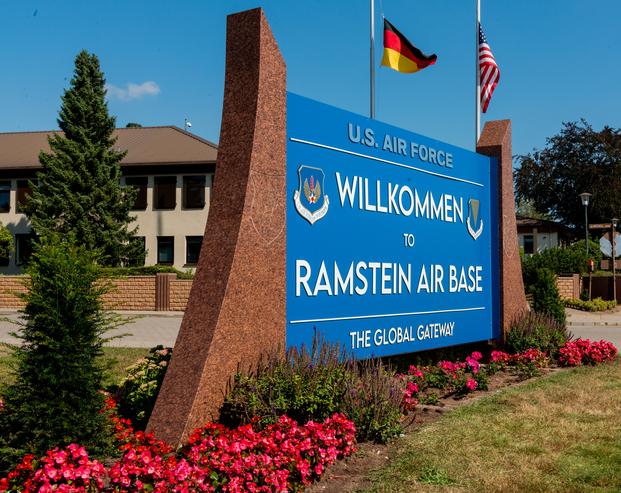 A sign displayed for Ramstein Air Base.