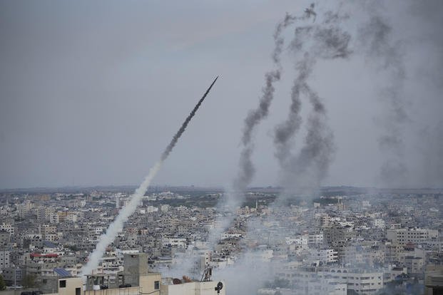 Rockets are launched by Palestinian militants from the Gaza Strip toward Israel.